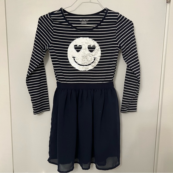 Girls Flip Sequin Dress Smiley Face Blue White Stripe The Childrens Place 7/8 M - Picture 2 of 11